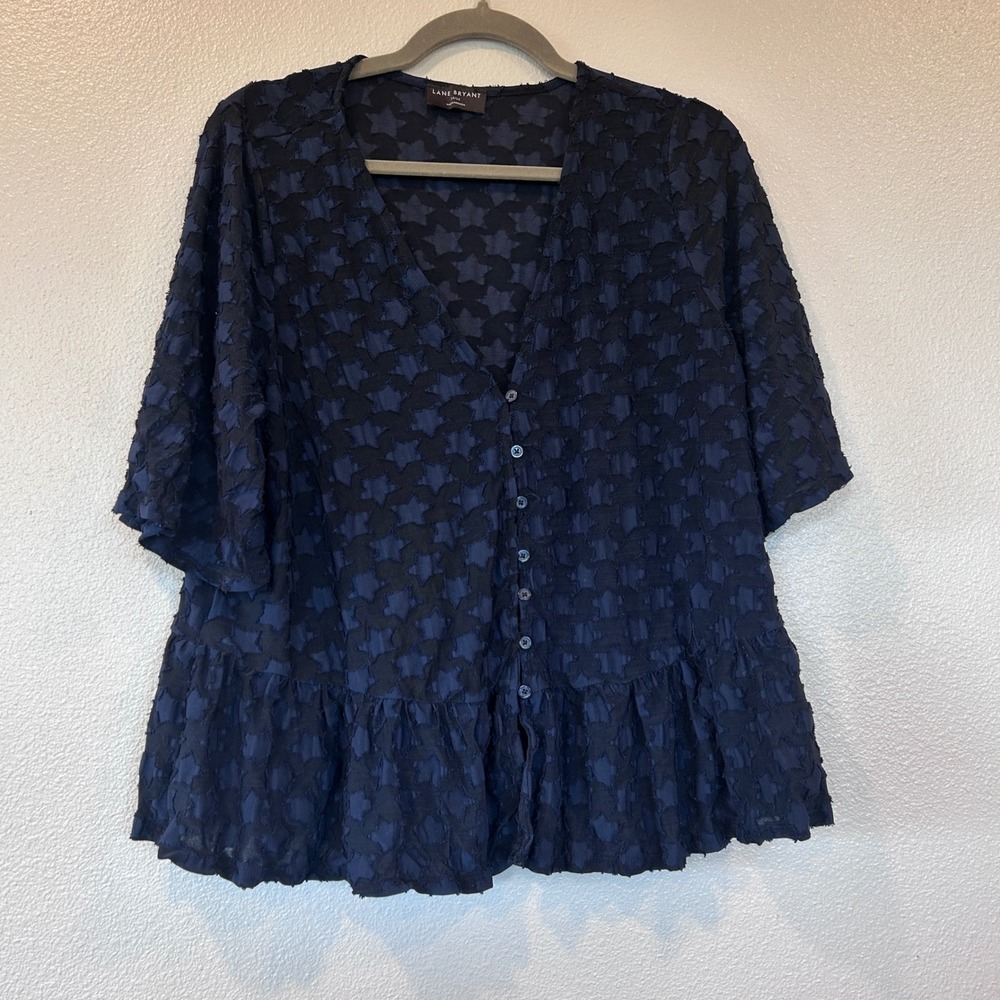 Lane Bryant Navy Blue Star Peplum Blouse V-Neck Button Front Top 14/16